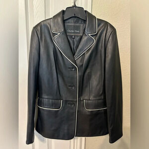 Charles Klein black leather blazer w white piping.  Size M. EUC